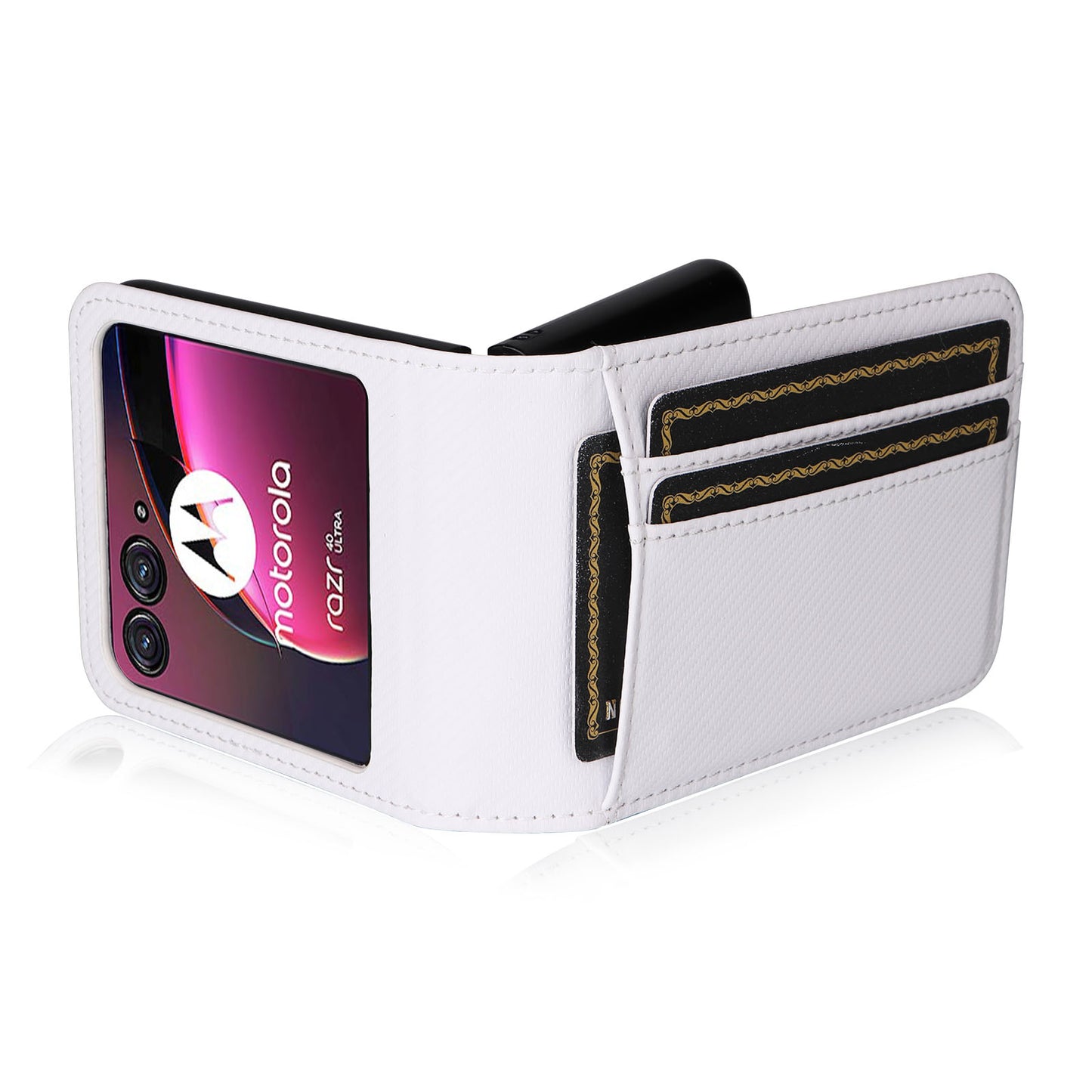 Uniqkart for Motorola Razr 40 Ultra 5G Card Holder Phone Case Carbon Fiber Texture PU Leather+PC Cover - White