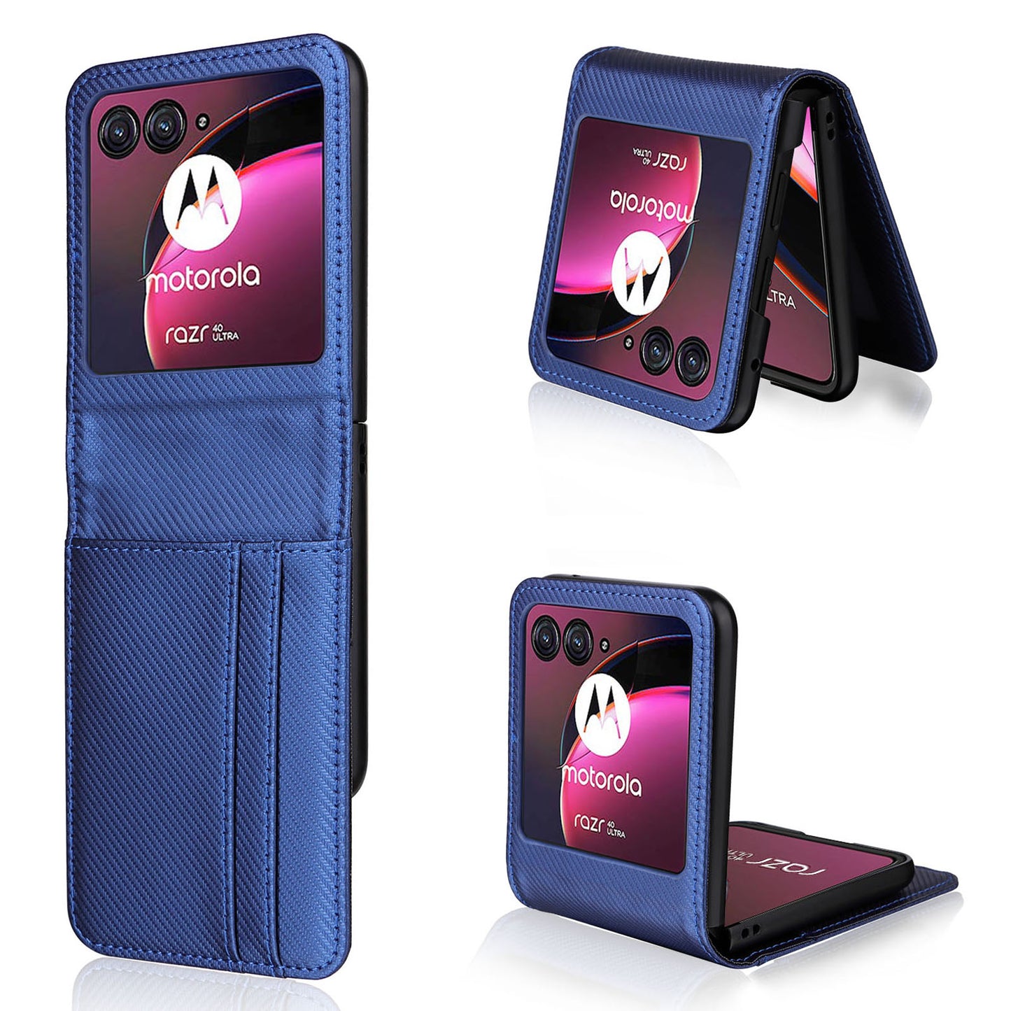 Uniqkart for Motorola Razr 40 Ultra 5G Card Holder Phone Case Carbon Fiber Texture PU Leather+PC Cover - Blue
