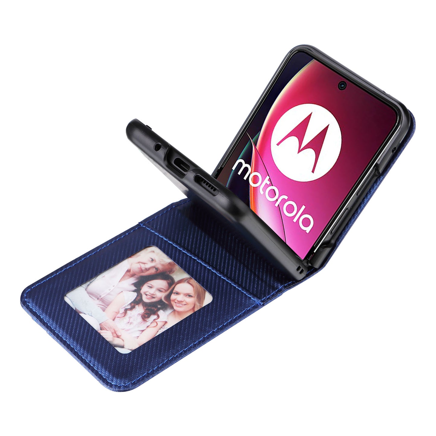 Uniqkart for Motorola Razr 40 Ultra 5G Card Holder Phone Case Carbon Fiber Texture PU Leather+PC Cover - Blue