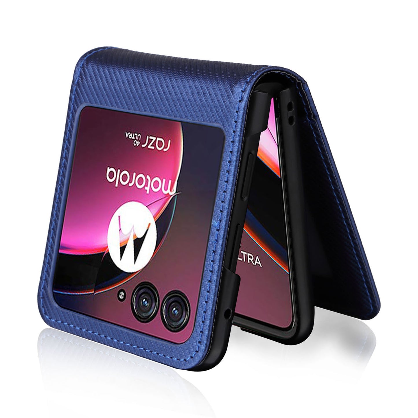 Uniqkart for Motorola Razr 40 Ultra 5G Card Holder Phone Case Carbon Fiber Texture PU Leather+PC Cover - Blue