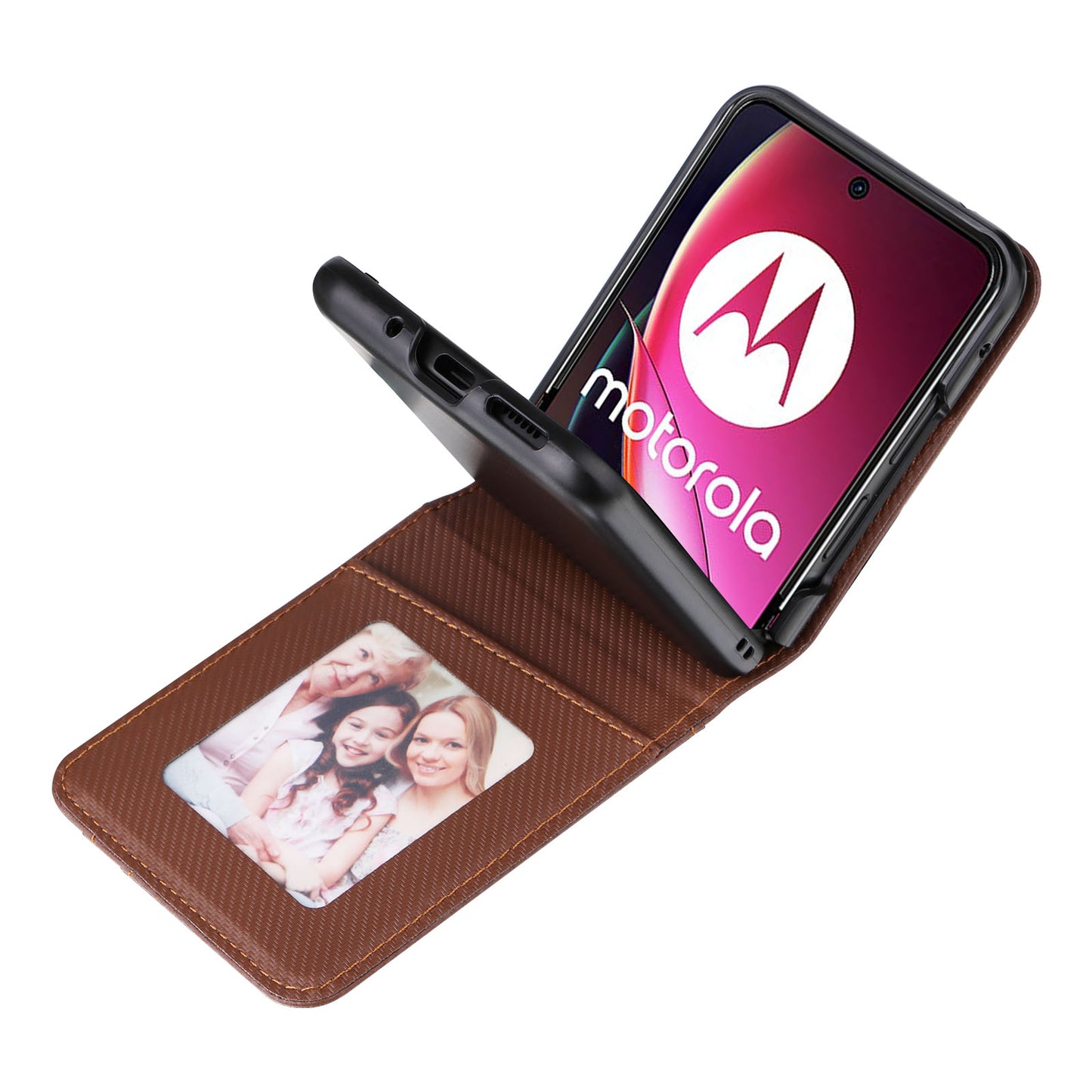 Uniqkart for Motorola Razr 40 Ultra 5G Card Holder Phone Case Carbon Fiber Texture PU Leather+PC Cover - Brown