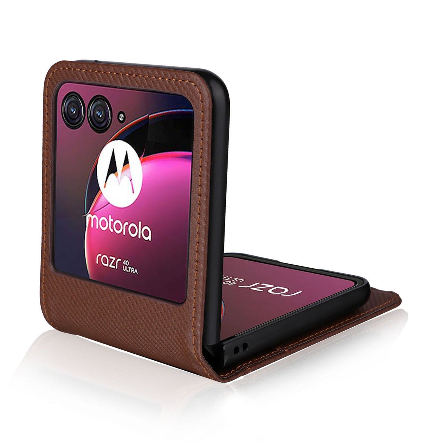 Uniqkart for Motorola Razr 40 Ultra 5G Card Holder Phone Case Carbon Fiber Texture PU Leather+PC Cover - Brown