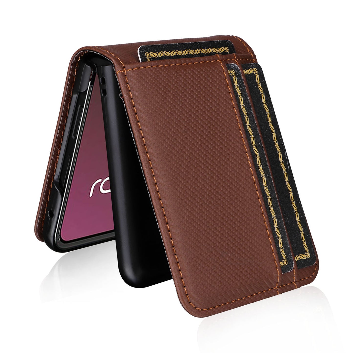 Uniqkart for Motorola Razr 40 Ultra 5G Card Holder Phone Case Carbon Fiber Texture PU Leather+PC Cover - Brown