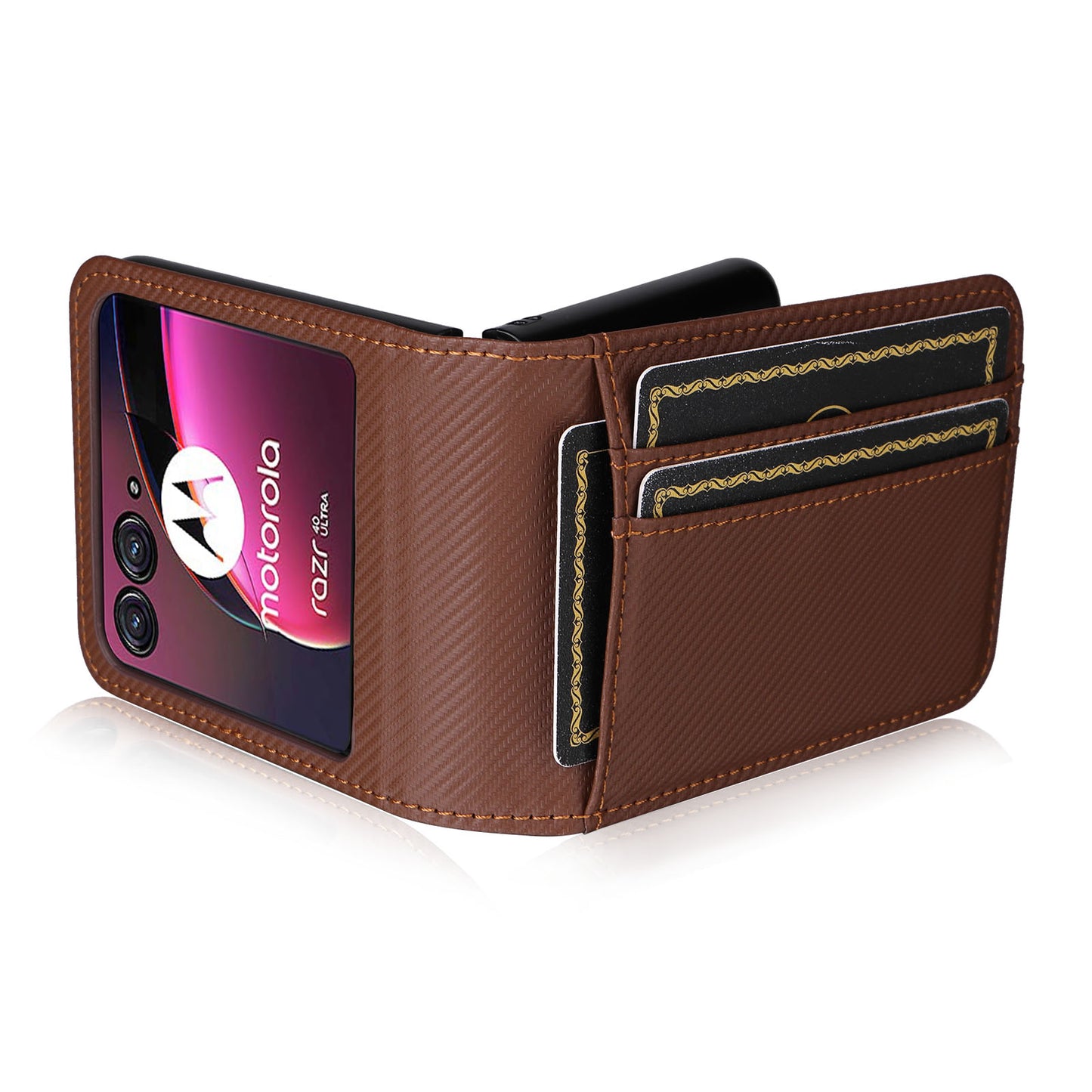 Uniqkart for Motorola Razr 40 Ultra 5G Card Holder Phone Case Carbon Fiber Texture PU Leather+PC Cover - Brown