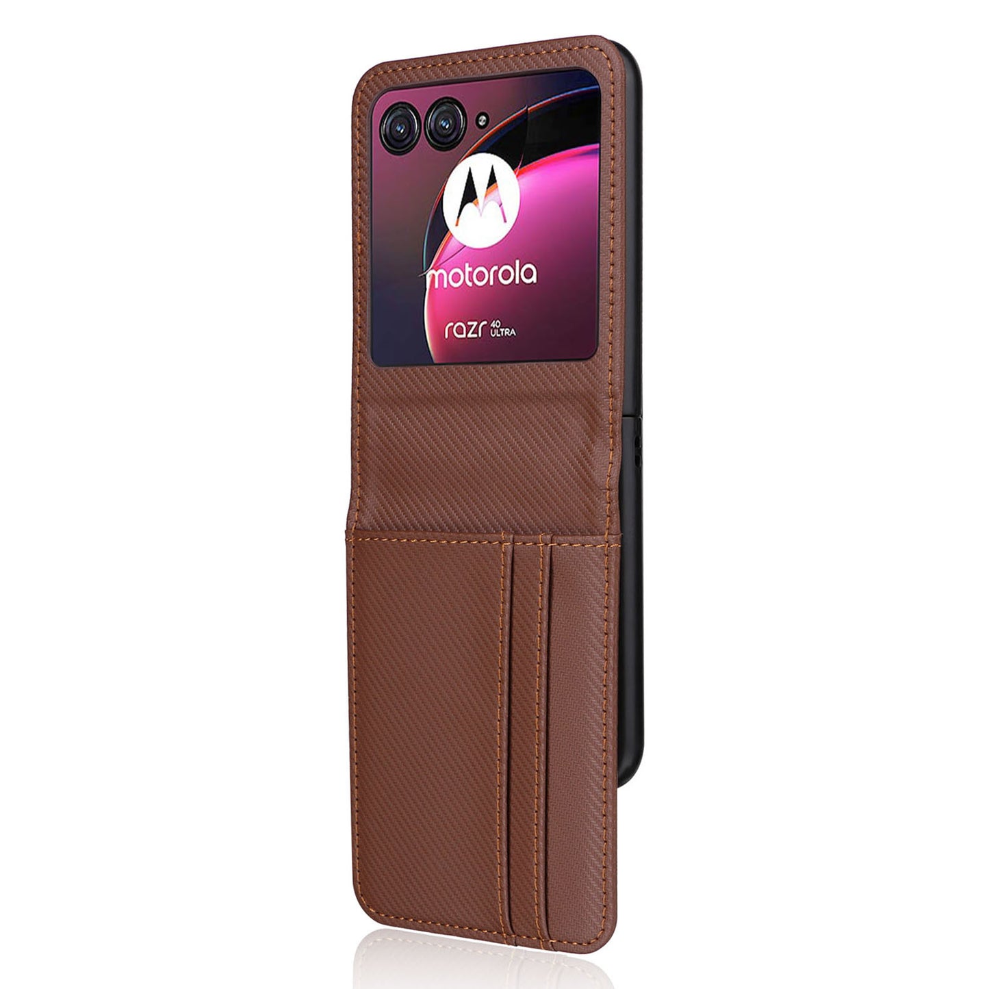 Uniqkart for Motorola Razr 40 Ultra 5G Card Holder Phone Case Carbon Fiber Texture PU Leather+PC Cover - Brown