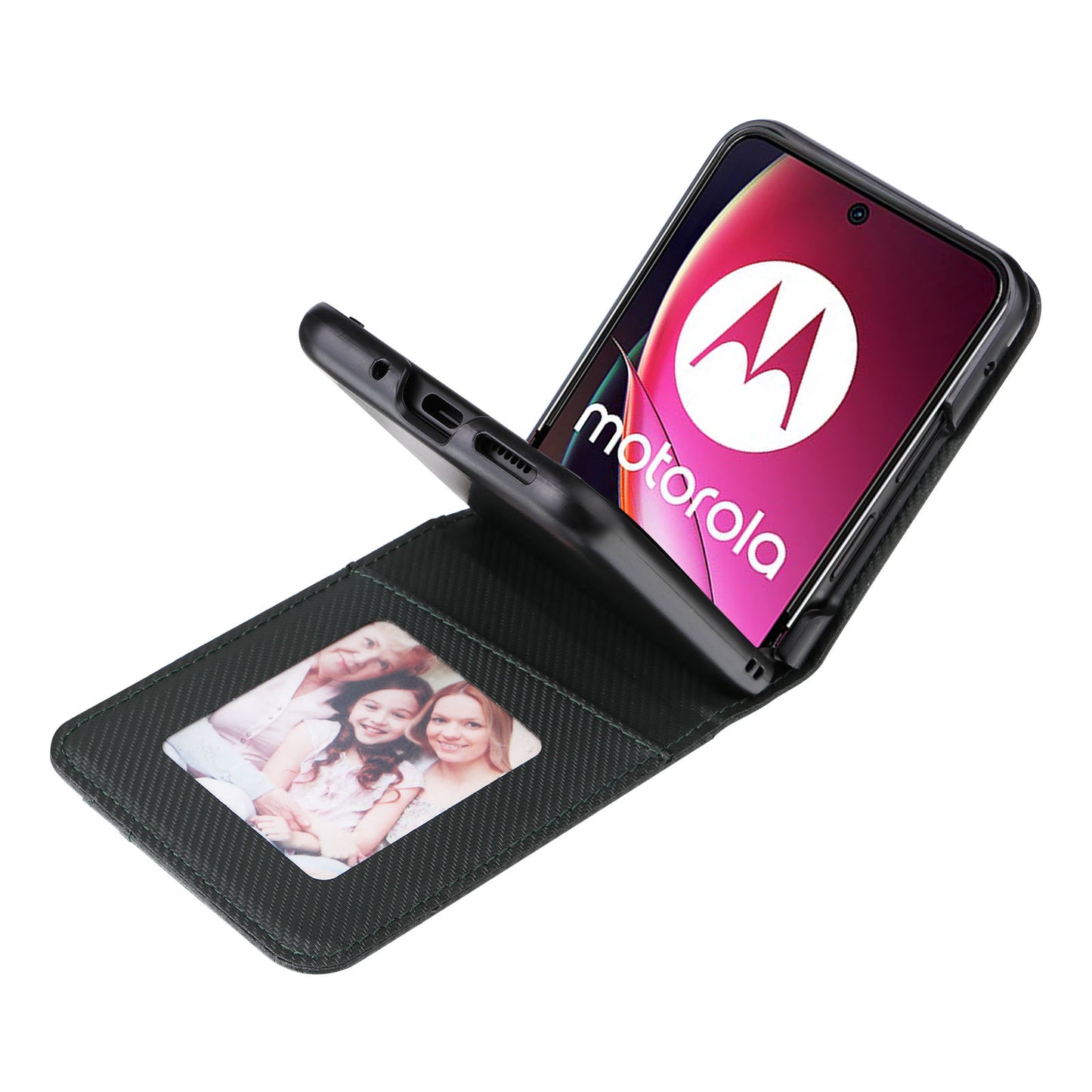 Uniqkart for Motorola Razr 40 Ultra 5G Card Holder Phone Case Carbon Fiber Texture PU Leather+PC Cover - Green