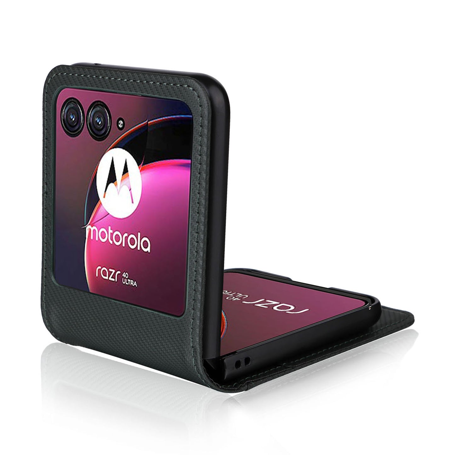 Uniqkart for Motorola Razr 40 Ultra 5G Card Holder Phone Case Carbon Fiber Texture PU Leather+PC Cover - Green