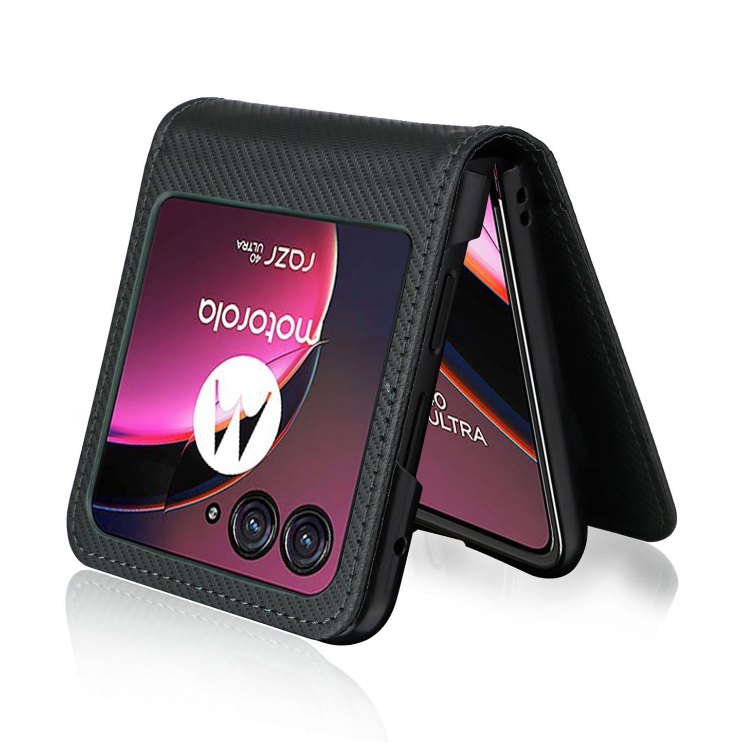 Uniqkart for Motorola Razr 40 Ultra 5G Card Holder Phone Case Carbon Fiber Texture PU Leather+PC Cover - Green