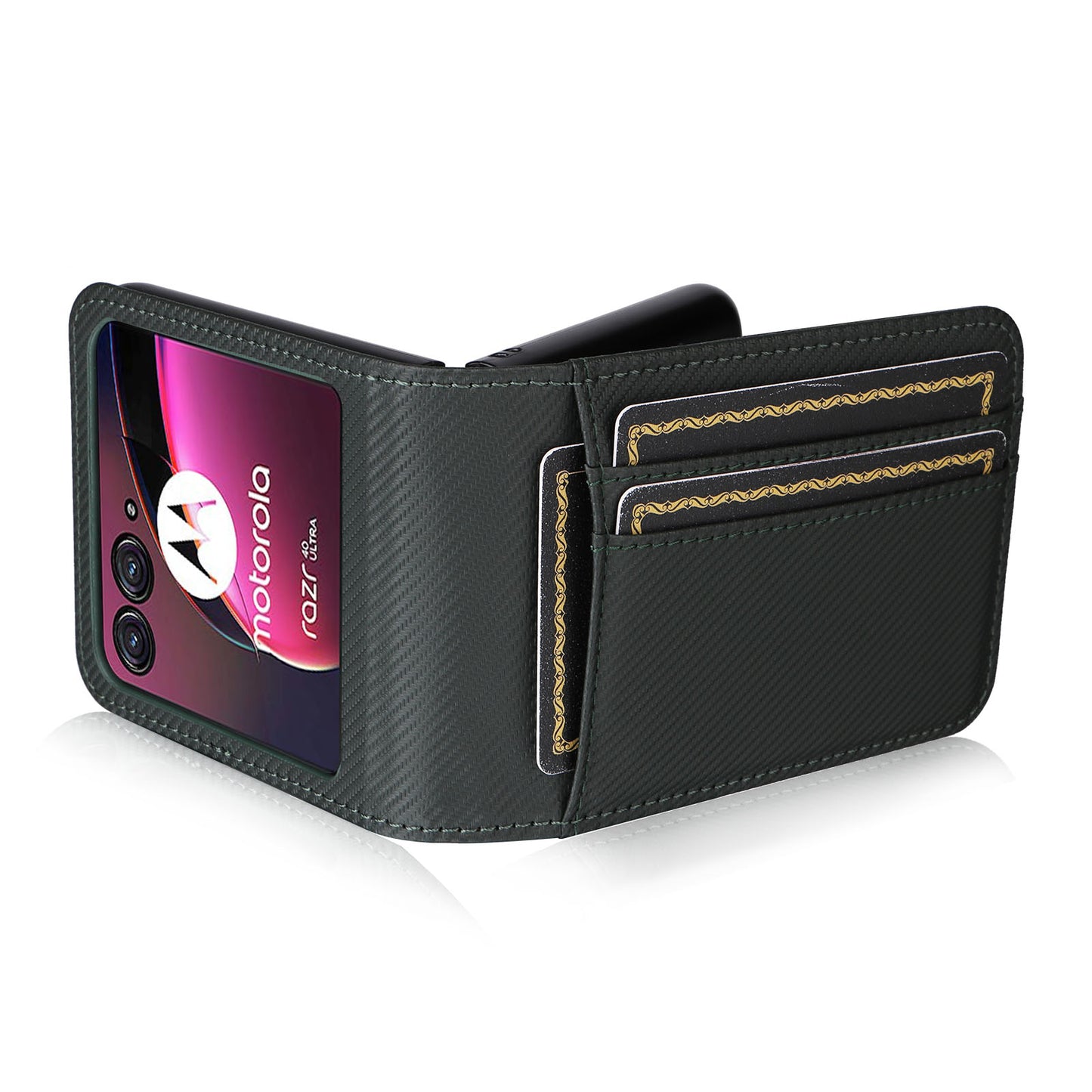 Uniqkart for Motorola Razr 40 Ultra 5G Card Holder Phone Case Carbon Fiber Texture PU Leather+PC Cover - Green