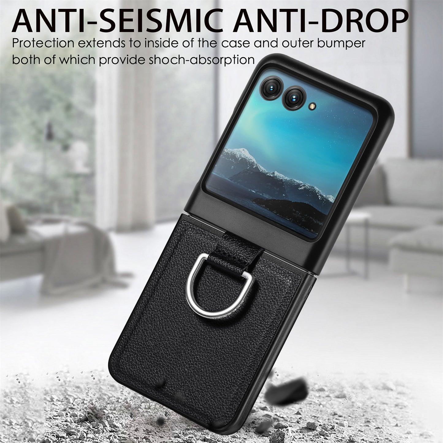 Uniqkart for Motorola Razr 40 Ultra 5G PU Leather Coated PC Phone Case Finger Ring Holder Litchi Texture Phone Cover - Black