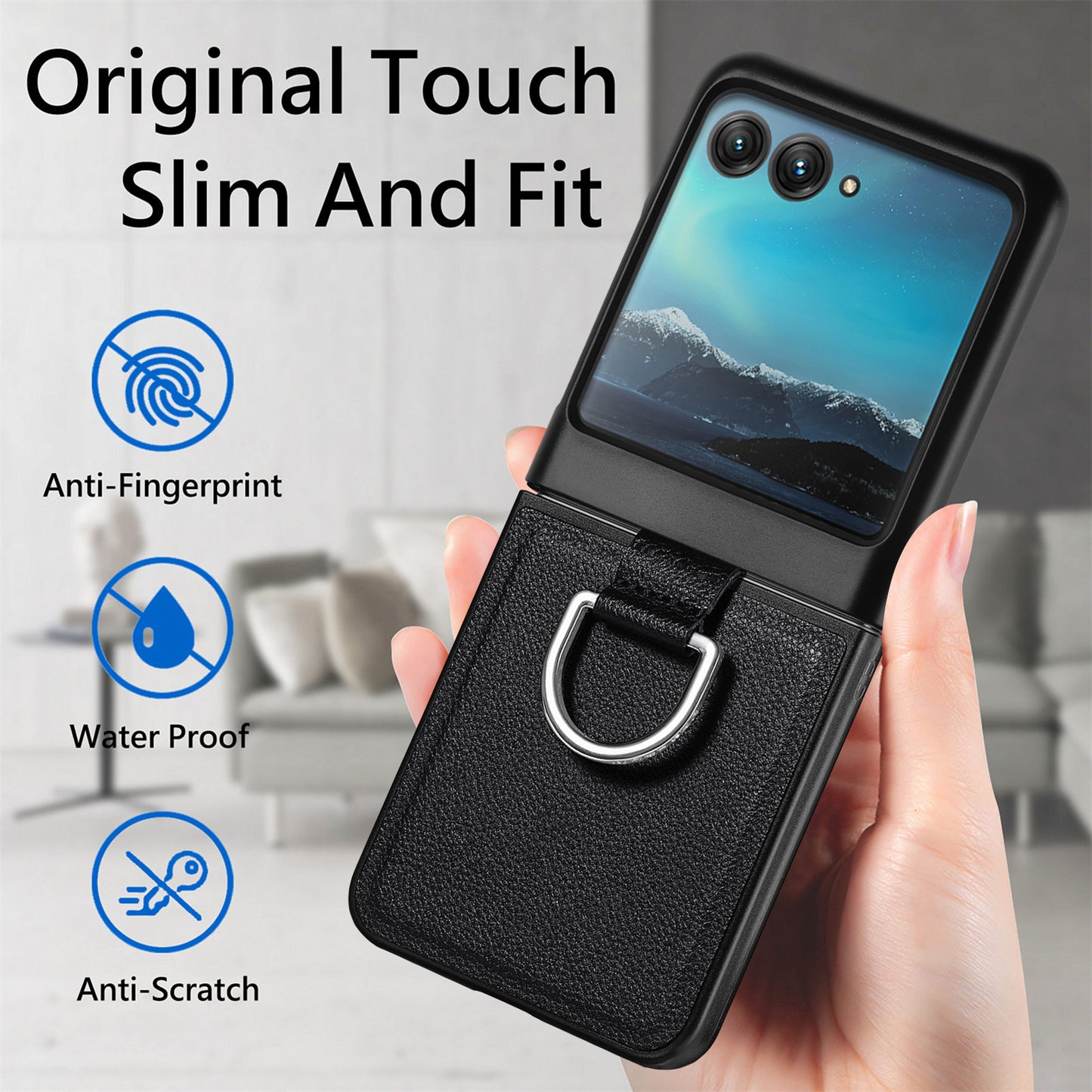 Uniqkart for Motorola Razr 40 Ultra 5G PU Leather Coated PC Phone Case Finger Ring Holder Litchi Texture Phone Cover - Black