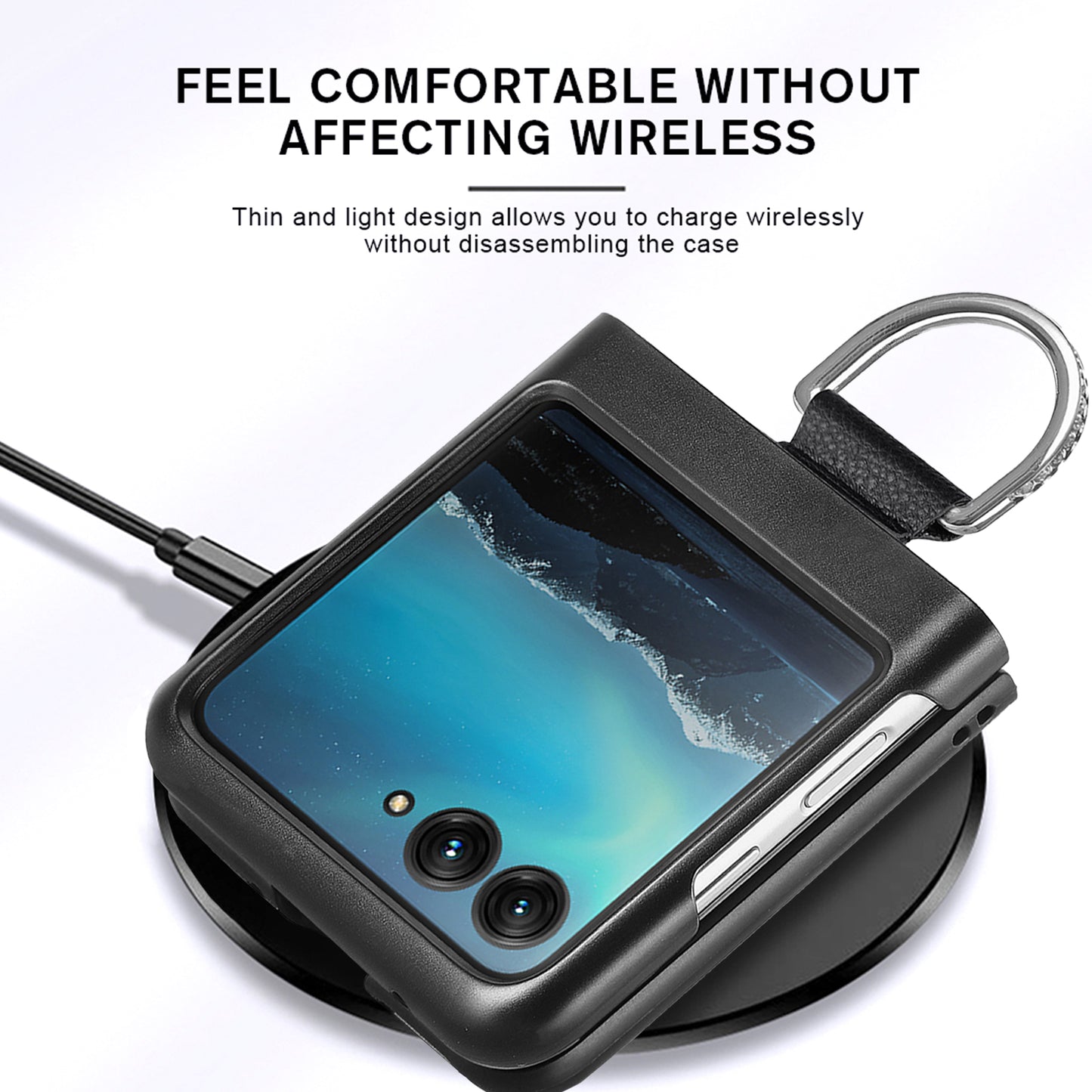 Uniqkart for Motorola Razr 40 Ultra 5G PU Leather Coated PC Phone Case Finger Ring Holder Litchi Texture Phone Cover - Black