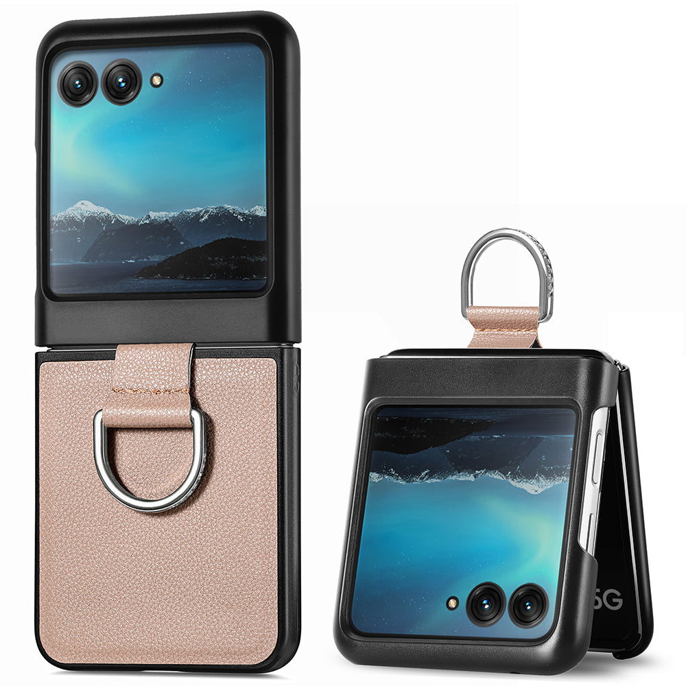 Uniqkart for Motorola Razr 40 Ultra 5G PU Leather Coated PC Phone Case Finger Ring Holder Litchi Texture Phone Cover - Grey