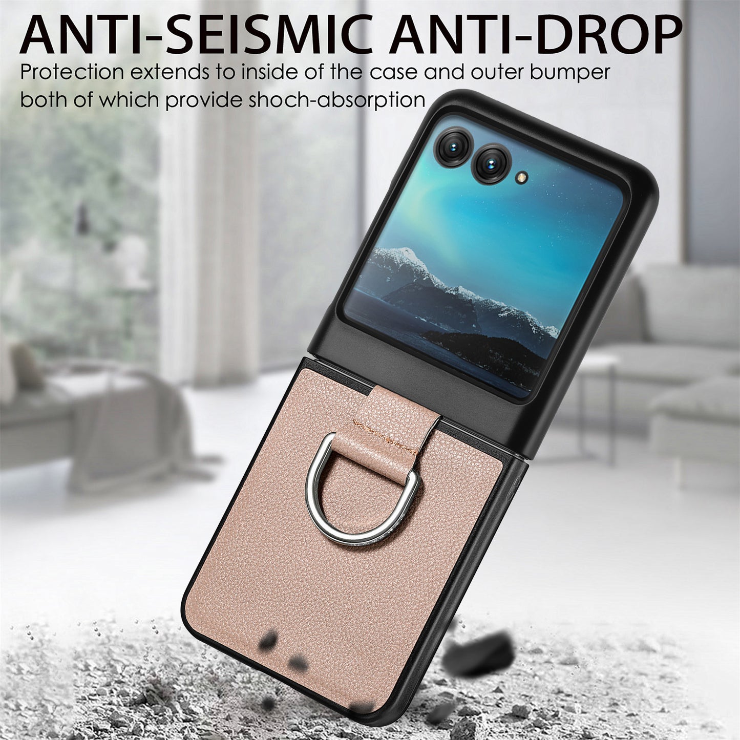 Uniqkart for Motorola Razr 40 Ultra 5G PU Leather Coated PC Phone Case Finger Ring Holder Litchi Texture Phone Cover - Grey