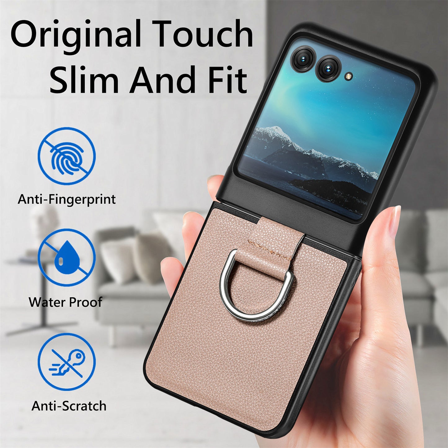 Uniqkart for Motorola Razr 40 Ultra 5G PU Leather Coated PC Phone Case Finger Ring Holder Litchi Texture Phone Cover - Grey