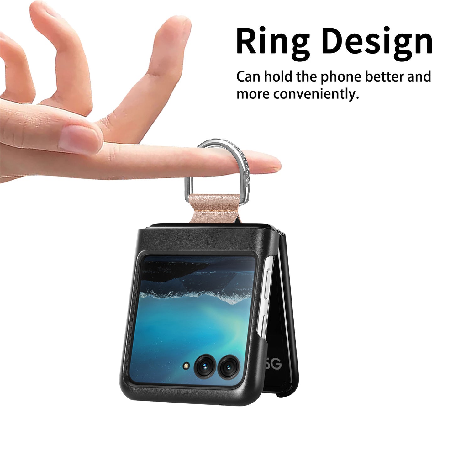 Uniqkart for Motorola Razr 40 Ultra 5G PU Leather Coated PC Phone Case Finger Ring Holder Litchi Texture Phone Cover - Grey