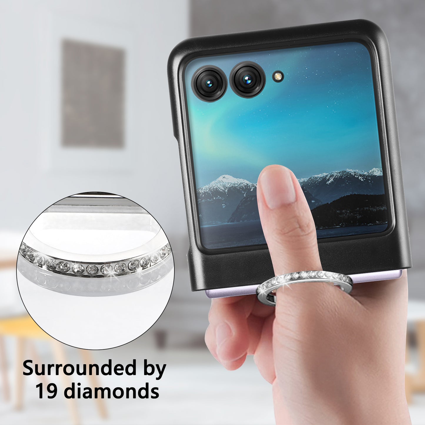 Uniqkart for Motorola Razr 40 Ultra 5G PU Leather Coated PC Phone Case Finger Ring Holder Litchi Texture Phone Cover - Grey