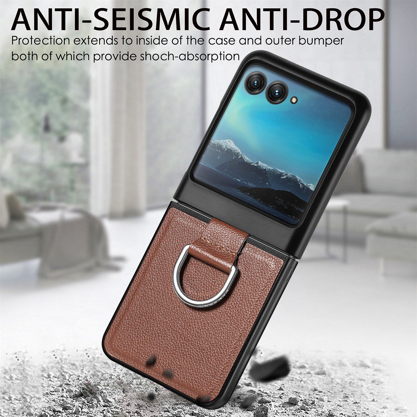 Uniqkart for Motorola Razr 40 Ultra 5G PU Leather Coated PC Phone Case Finger Ring Holder Litchi Texture Phone Cover - Brown