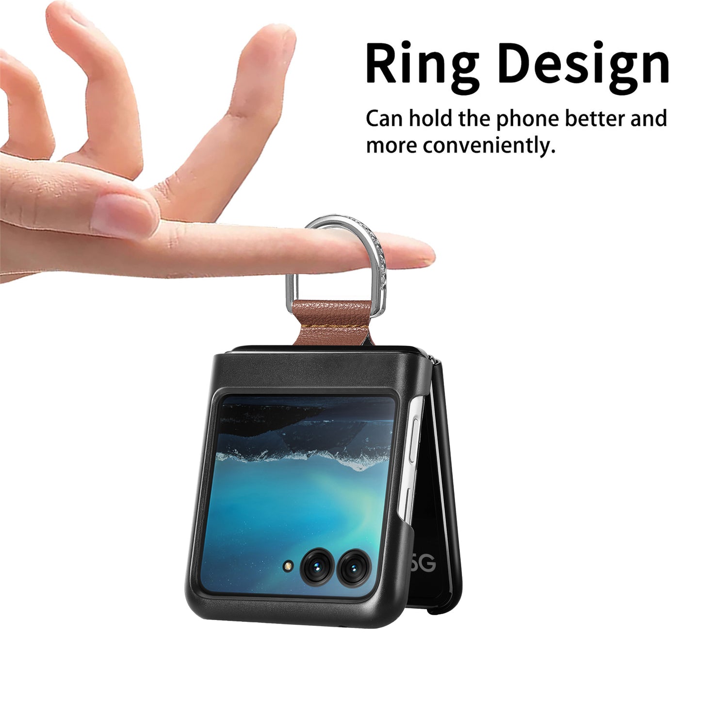 Uniqkart for Motorola Razr 40 Ultra 5G PU Leather Coated PC Phone Case Finger Ring Holder Litchi Texture Phone Cover - Brown