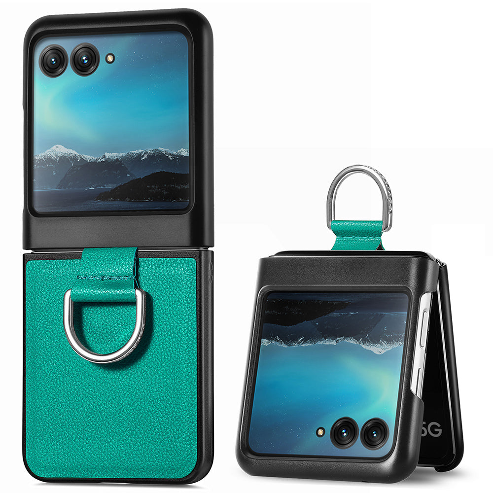 Uniqkart for Motorola Razr 40 Ultra 5G PU Leather Coated PC Phone Case Finger Ring Holder Litchi Texture Phone Cover - Green