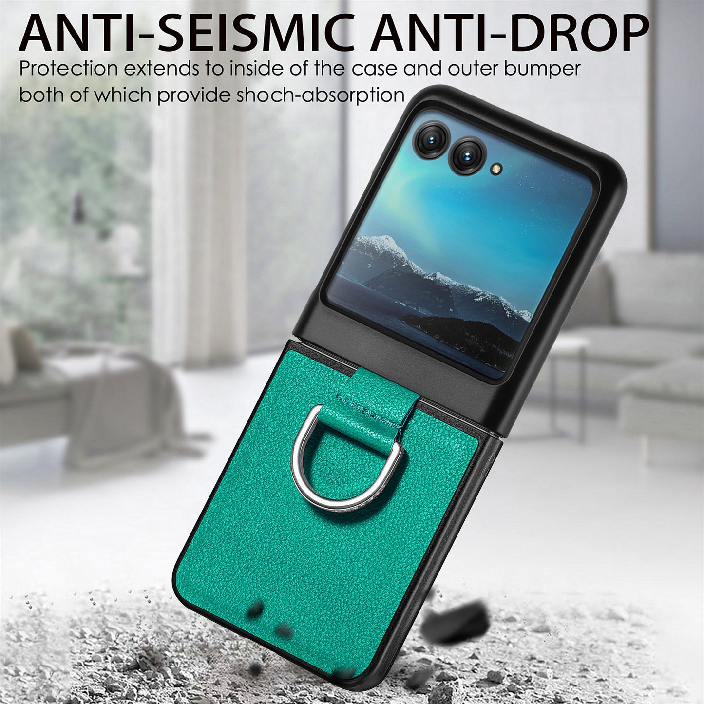 Uniqkart for Motorola Razr 40 Ultra 5G PU Leather Coated PC Phone Case Finger Ring Holder Litchi Texture Phone Cover - Green