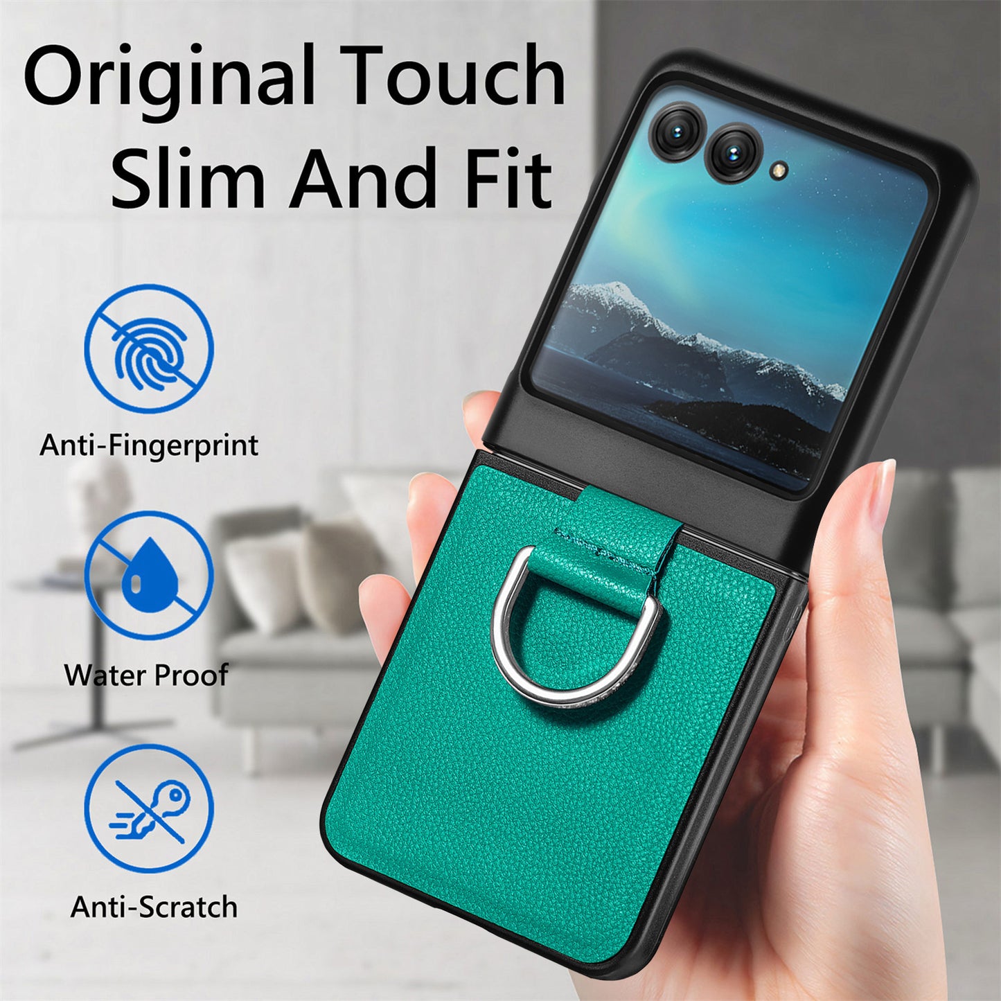 Uniqkart for Motorola Razr 40 Ultra 5G PU Leather Coated PC Phone Case Finger Ring Holder Litchi Texture Phone Cover - Green