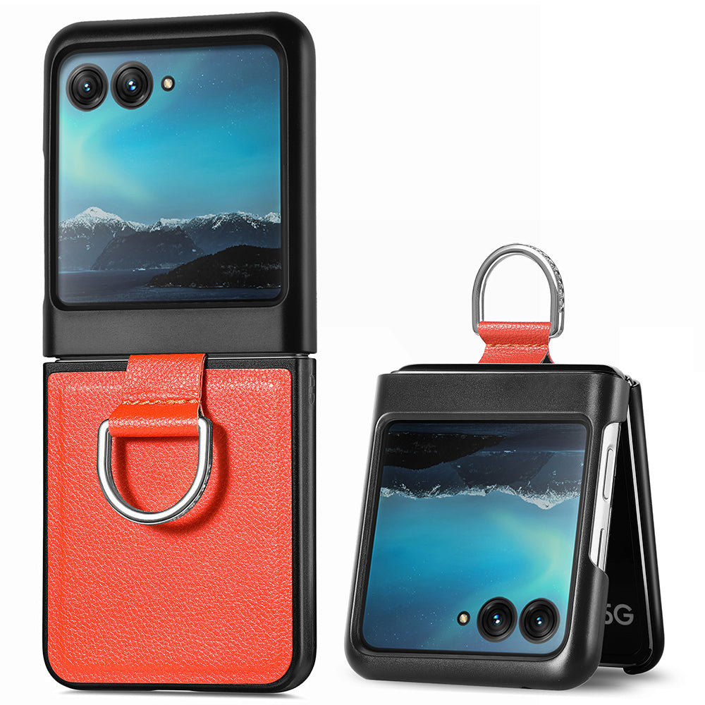 Uniqkart for Motorola Razr 40 Ultra 5G PU Leather Coated PC Phone Case Finger Ring Holder Litchi Texture Phone Cover - Orange