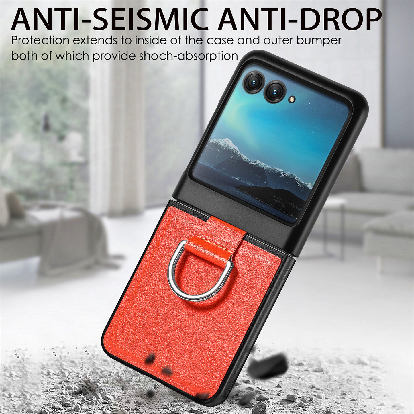 Uniqkart for Motorola Razr 40 Ultra 5G PU Leather Coated PC Phone Case Finger Ring Holder Litchi Texture Phone Cover - Orange