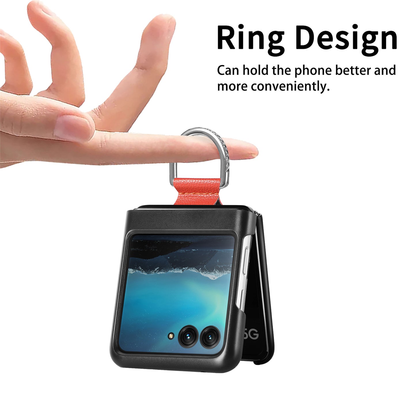 Uniqkart for Motorola Razr 40 Ultra 5G PU Leather Coated PC Phone Case Finger Ring Holder Litchi Texture Phone Cover - Orange