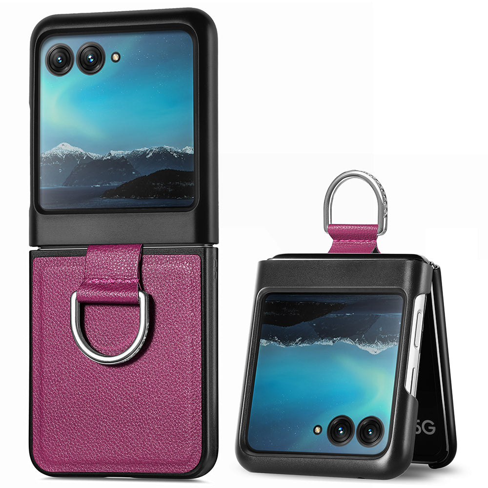 Uniqkart for Motorola Razr 40 Ultra 5G PU Leather Coated PC Phone Case Finger Ring Holder Litchi Texture Phone Cover - Purple