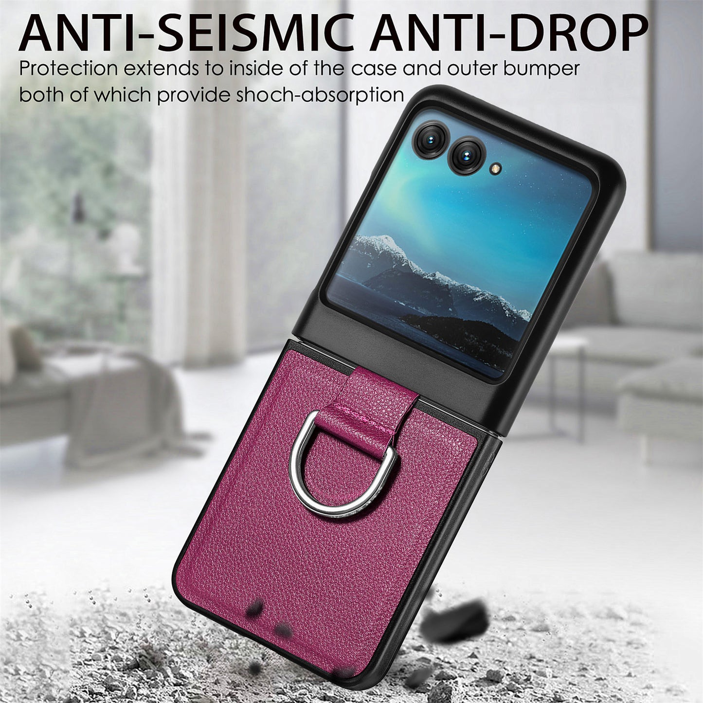 Uniqkart for Motorola Razr 40 Ultra 5G PU Leather Coated PC Phone Case Finger Ring Holder Litchi Texture Phone Cover - Purple