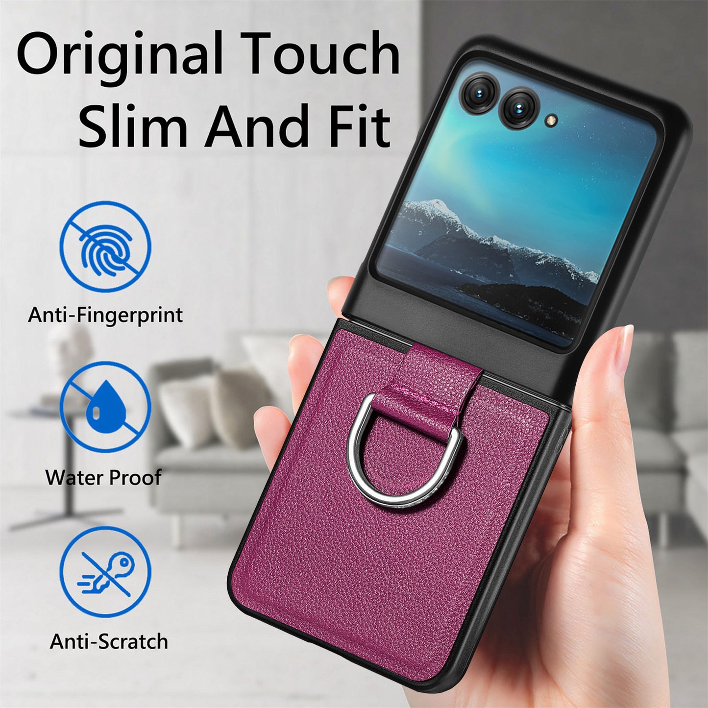Uniqkart for Motorola Razr 40 Ultra 5G PU Leather Coated PC Phone Case Finger Ring Holder Litchi Texture Phone Cover - Purple