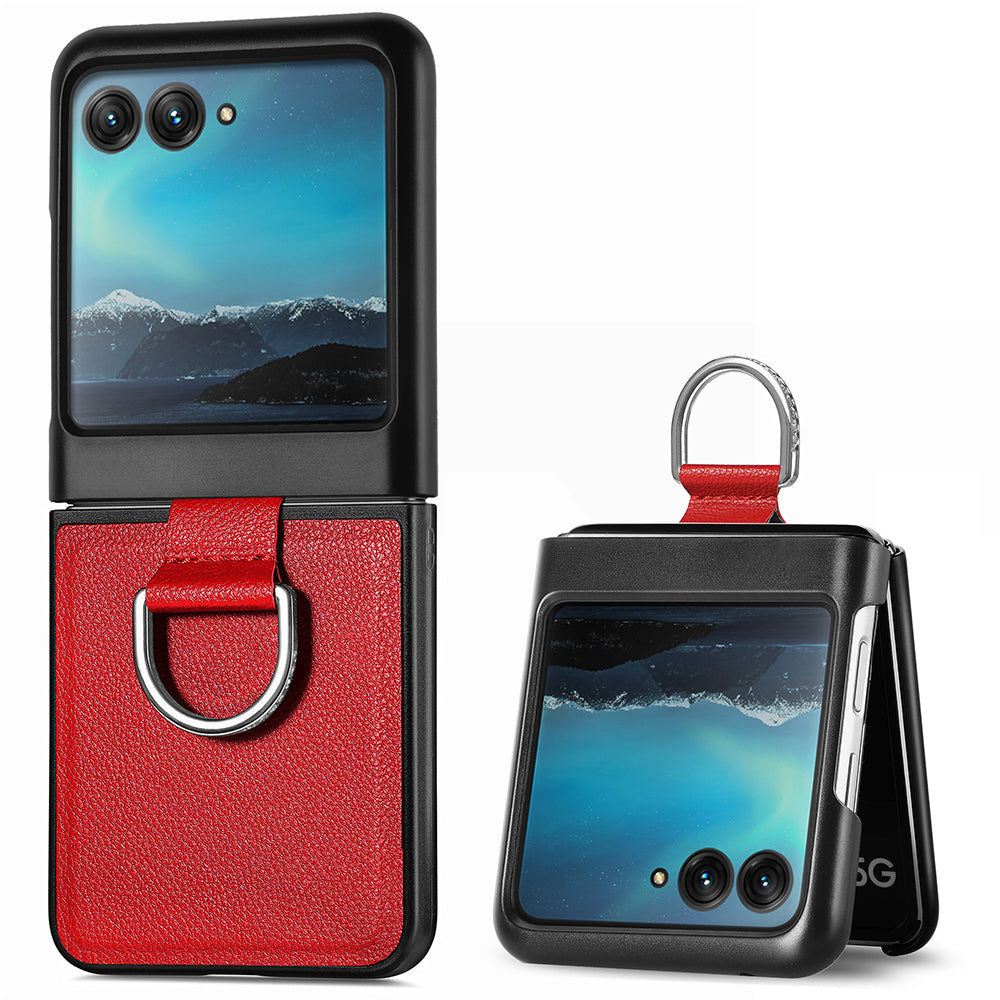 Uniqkart for Motorola Razr 40 Ultra 5G PU Leather Coated PC Phone Case Finger Ring Holder Litchi Texture Phone Cover - Red