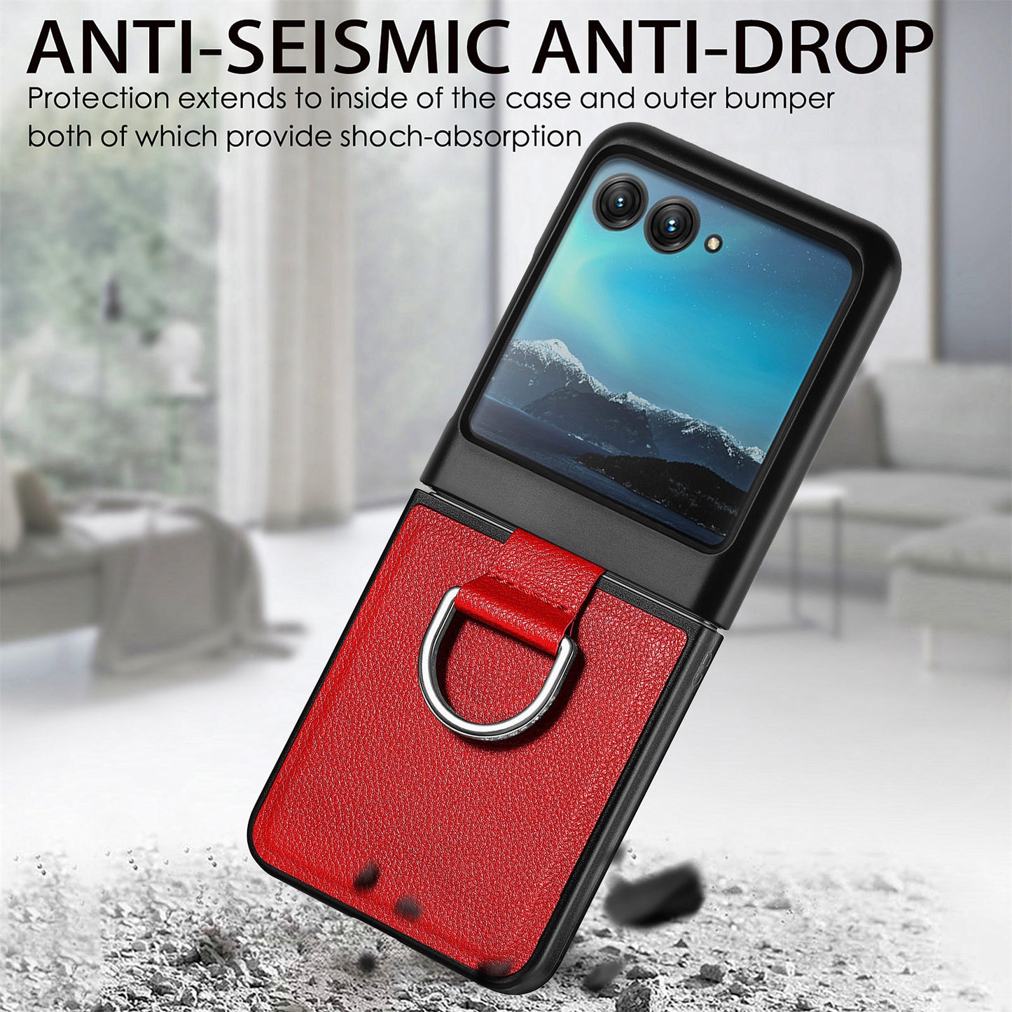 Uniqkart for Motorola Razr 40 Ultra 5G PU Leather Coated PC Phone Case Finger Ring Holder Litchi Texture Phone Cover - Red