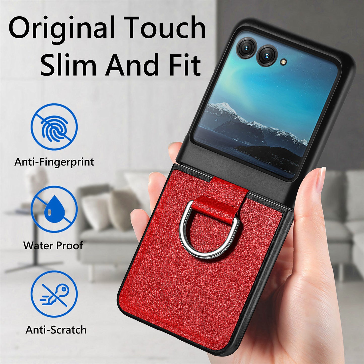 Uniqkart for Motorola Razr 40 Ultra 5G PU Leather Coated PC Phone Case Finger Ring Holder Litchi Texture Phone Cover - Red