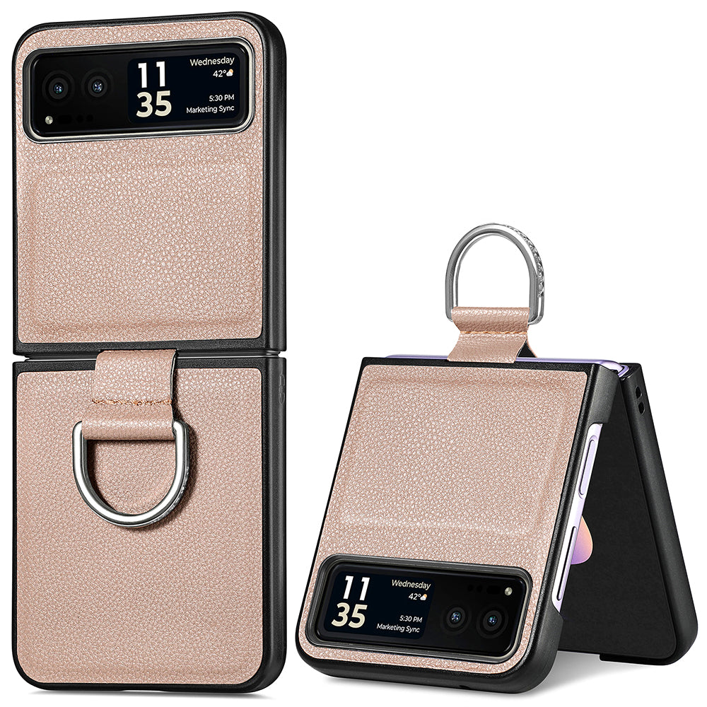 Finger Ring Holder Phone Case for Motorola Razr 40 5G , Litchi Texture Leather Coated PC Cover