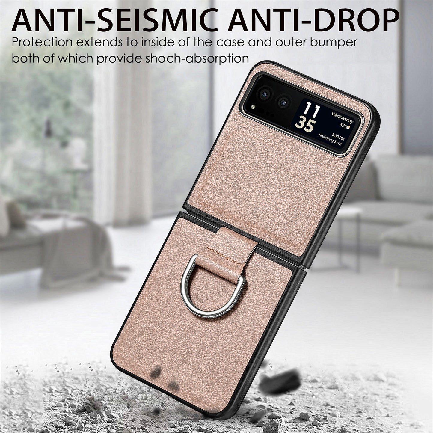 Finger Ring Holder Phone Case for Motorola Razr 40 5G , Litchi Texture Leather Coated PC Cover