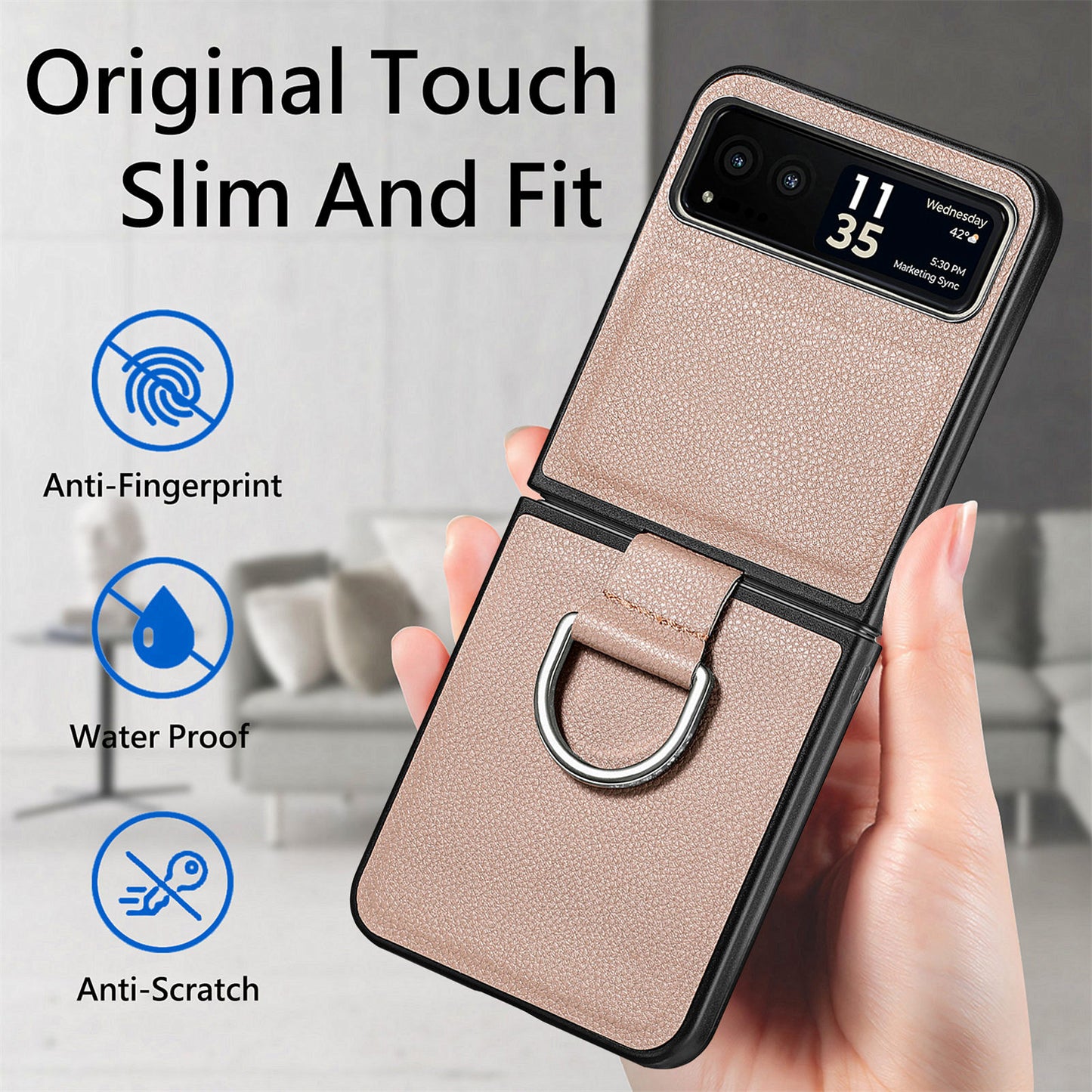 Finger Ring Holder Phone Case for Motorola Razr 40 5G , Litchi Texture Leather Coated PC Cover