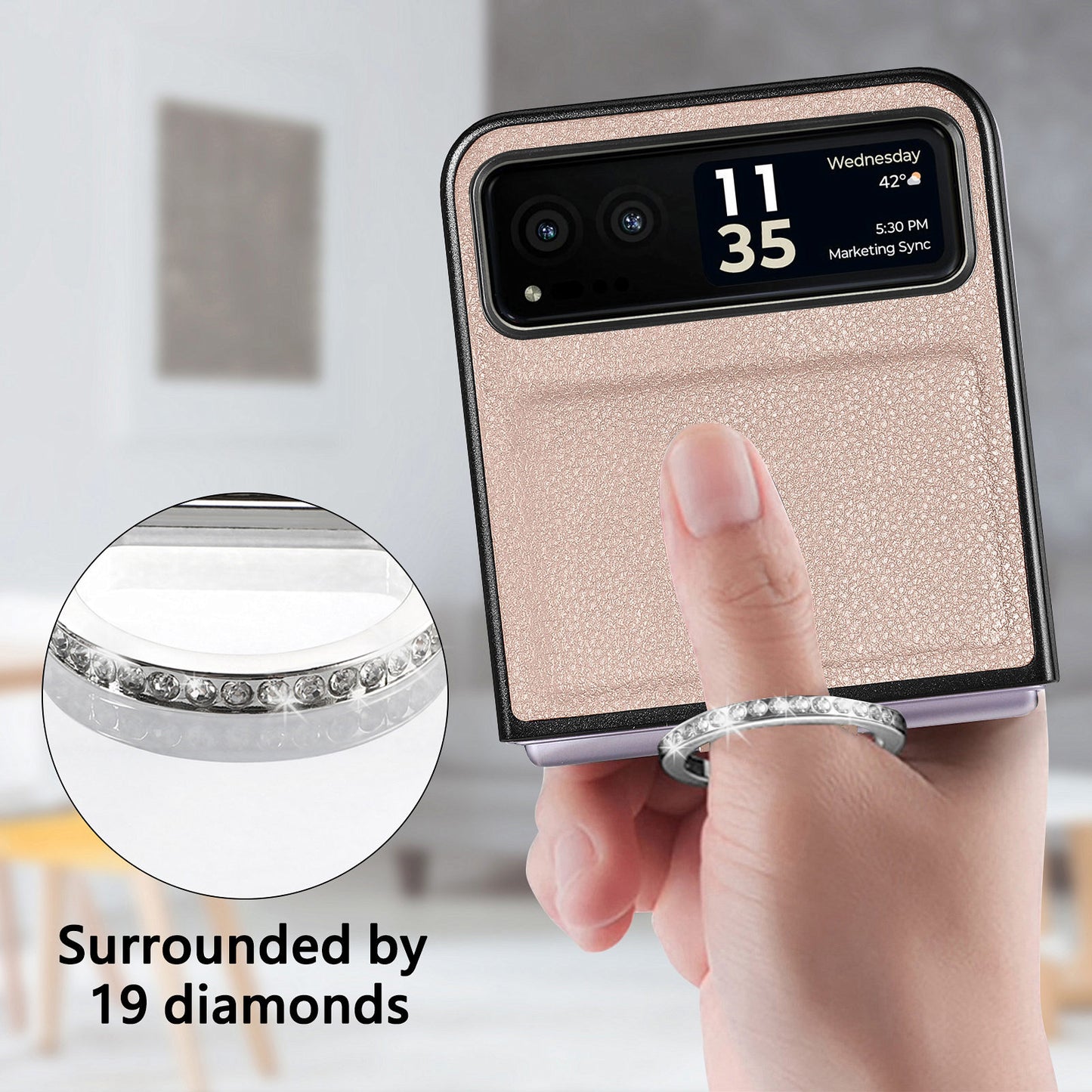 Finger Ring Holder Phone Case for Motorola Razr 40 5G , Litchi Texture Leather Coated PC Cover