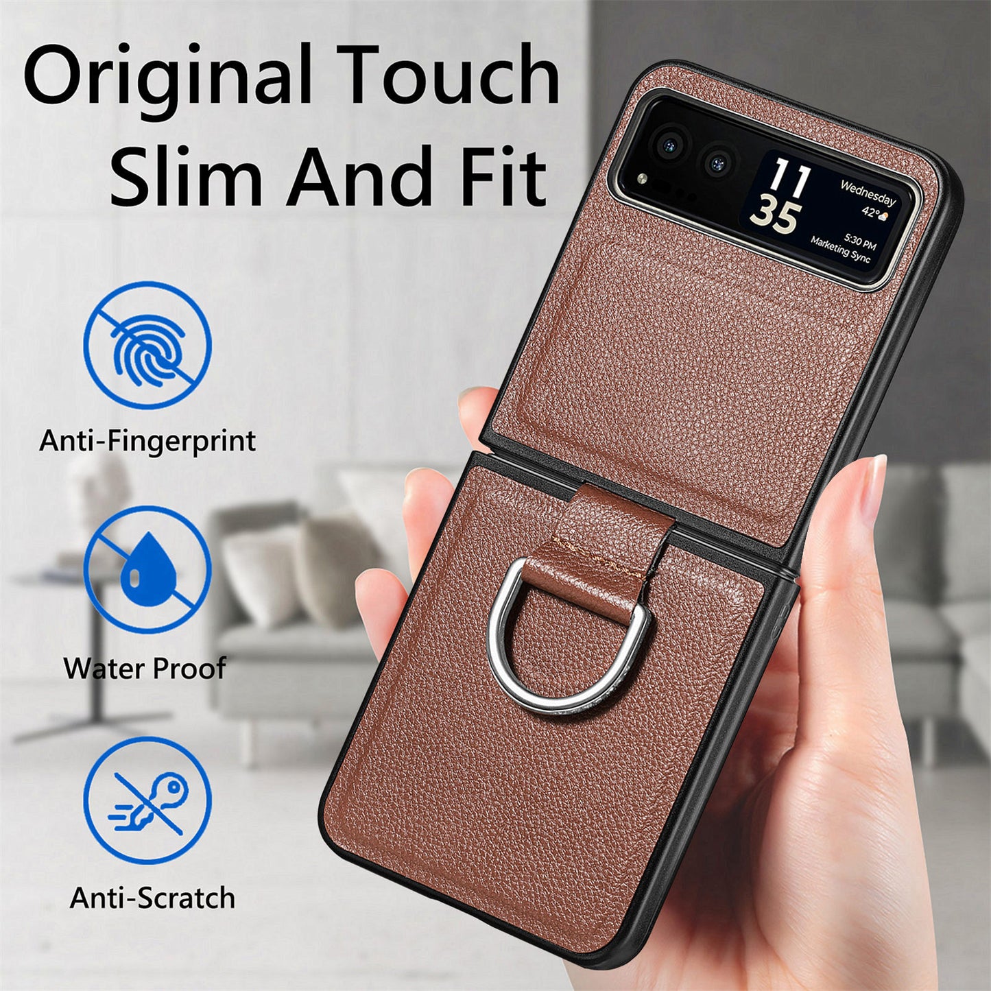 Finger Ring Holder Phone Case for Motorola Razr 40 5G , Litchi Texture Leather Coated PC Cover - Brown