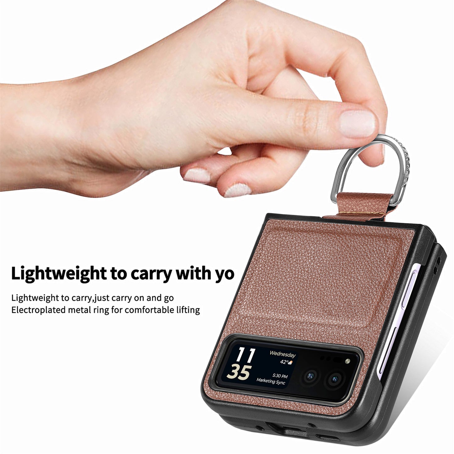 Finger Ring Holder Phone Case for Motorola Razr 40 5G , Litchi Texture Leather Coated PC Cover - Brown