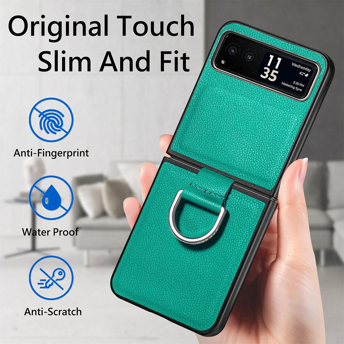 Finger Ring Holder Phone Case for Motorola Razr 40 5G , Litchi Texture Leather Coated PC Cover - Green