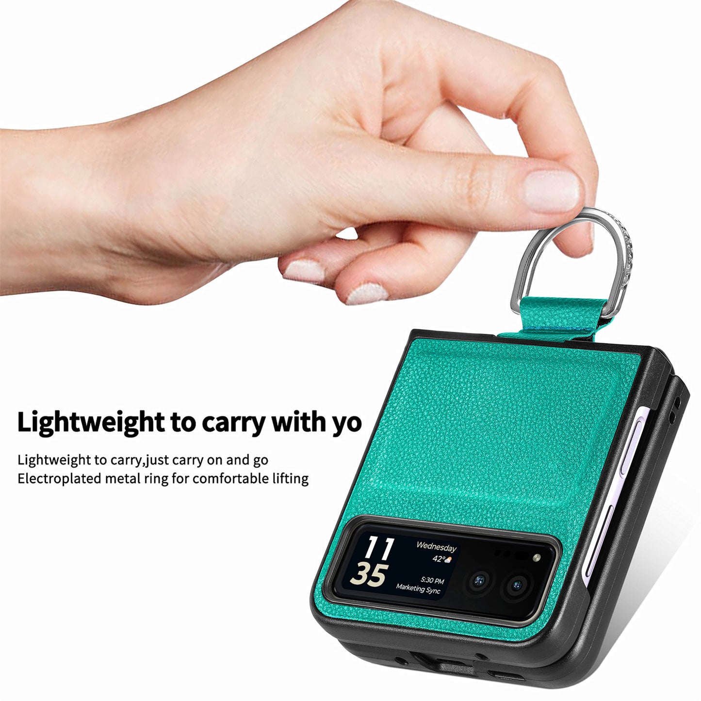 Finger Ring Holder Phone Case for Motorola Razr 40 5G , Litchi Texture Leather Coated PC Cover - Green