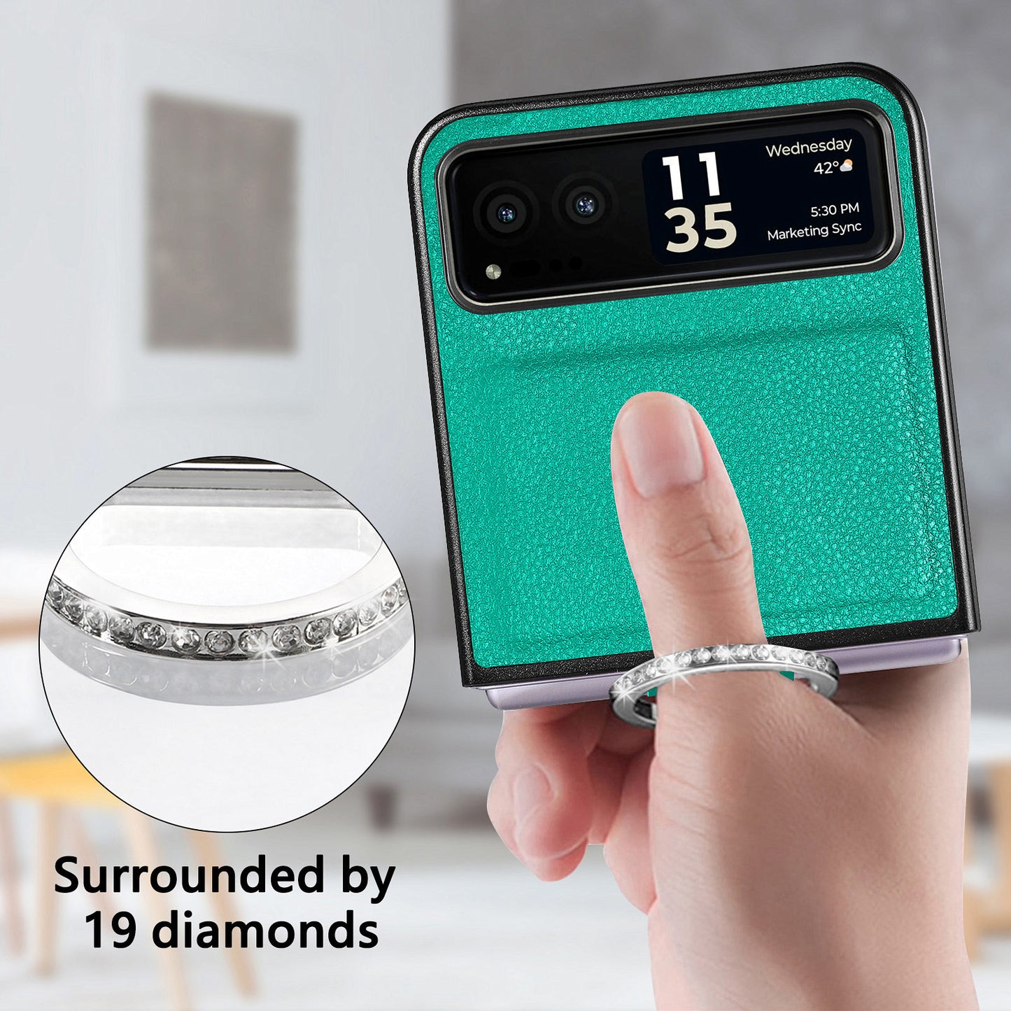 Finger Ring Holder Phone Case for Motorola Razr 40 5G , Litchi Texture Leather Coated PC Cover - Green