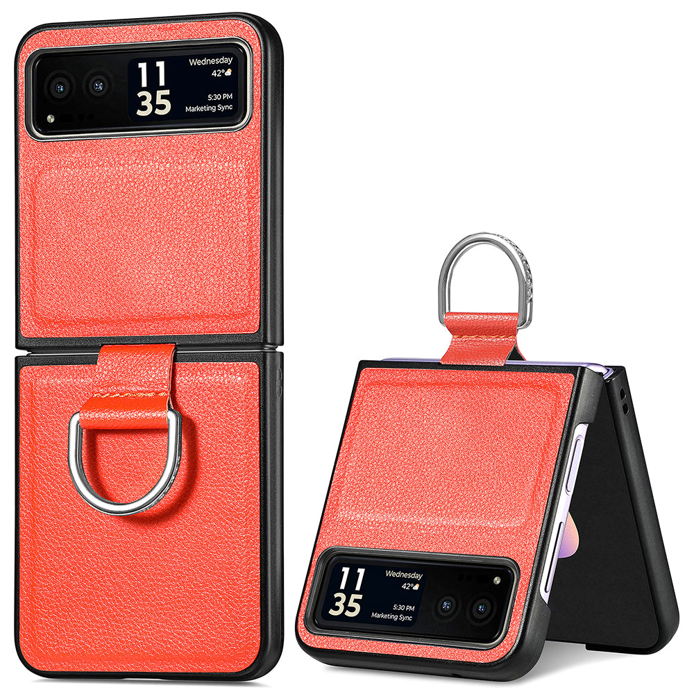 Finger Ring Holder Phone Case for Motorola Razr 40 5G , Litchi Texture Leather Coated PC Cover - Orange