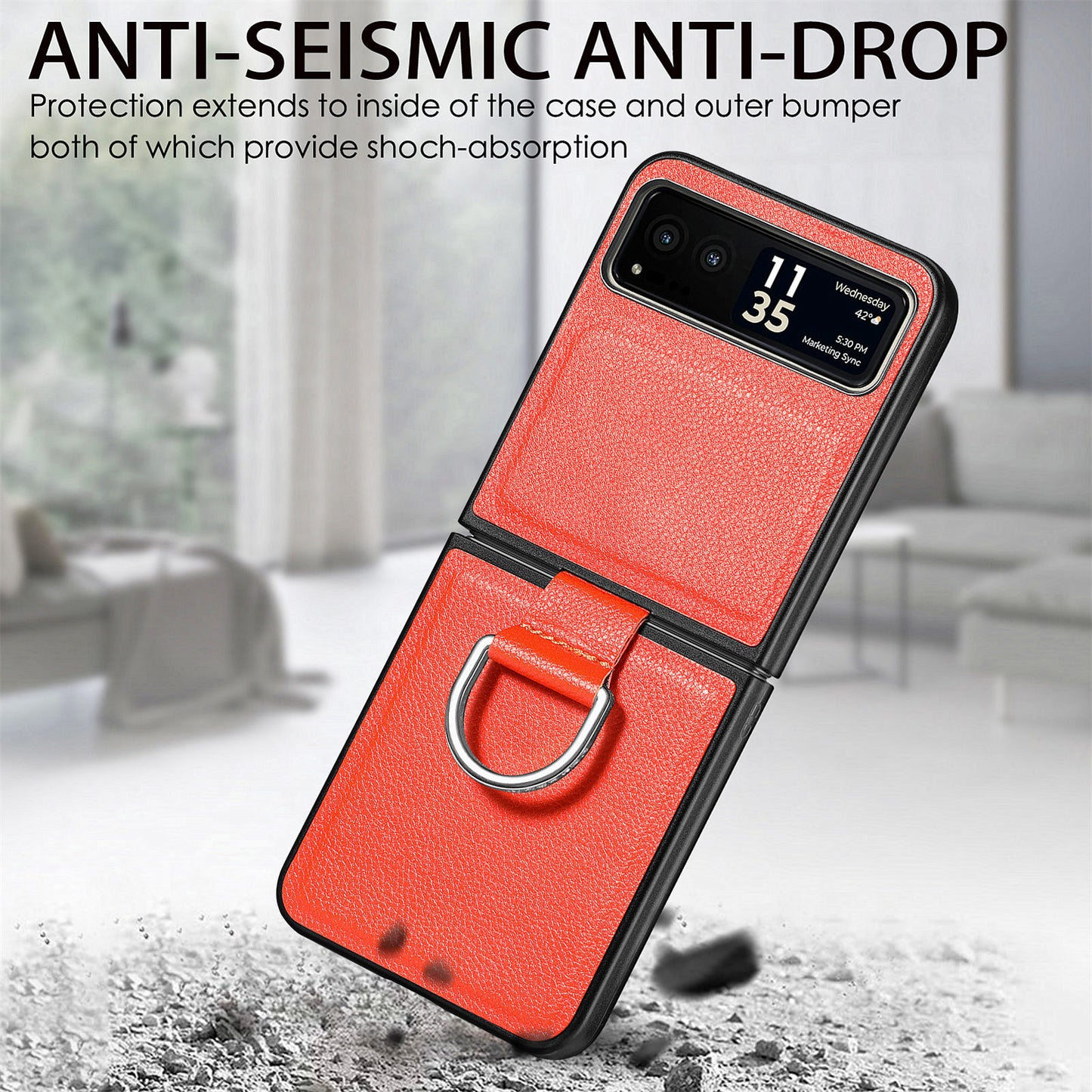 Finger Ring Holder Phone Case for Motorola Razr 40 5G , Litchi Texture Leather Coated PC Cover - Orange