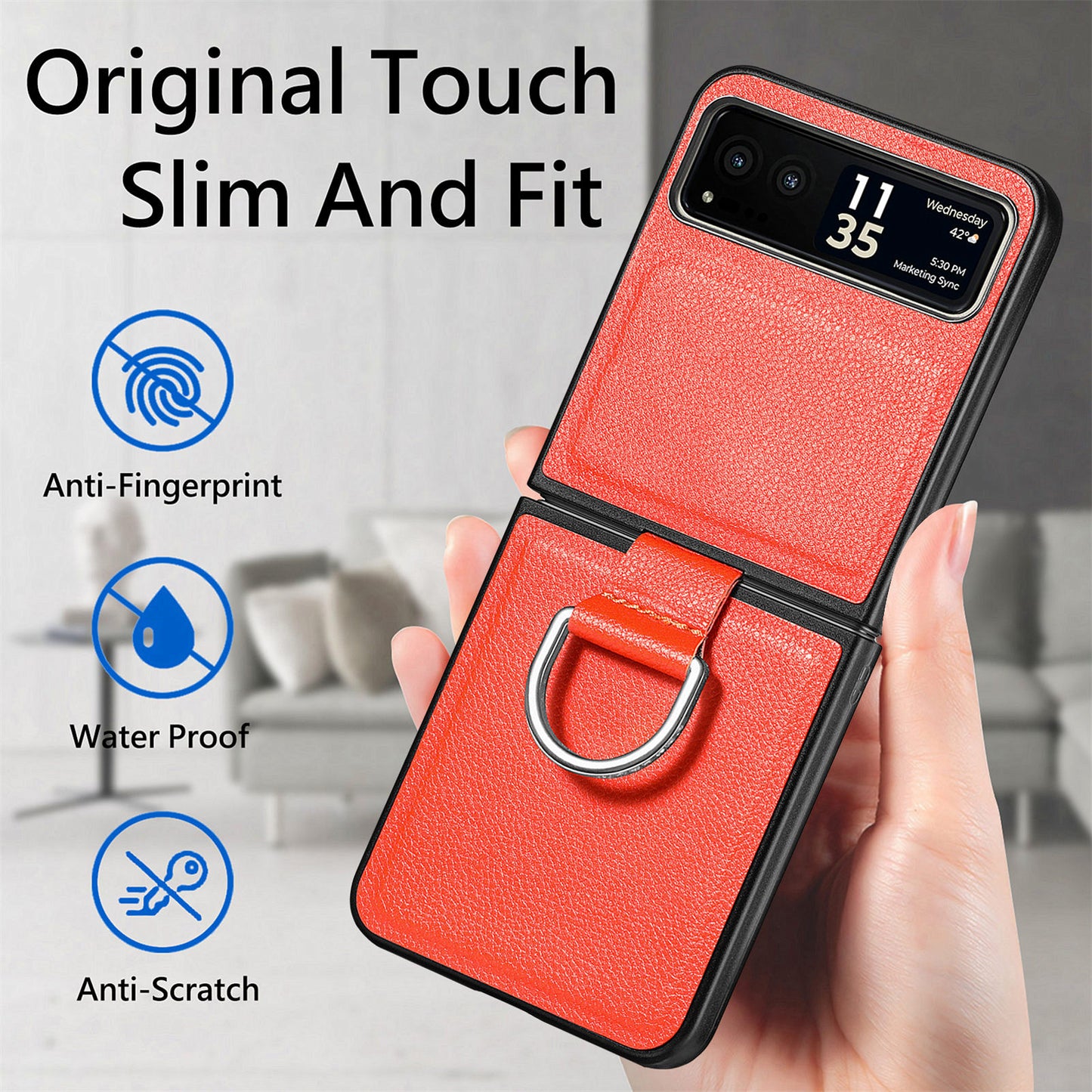 Finger Ring Holder Phone Case for Motorola Razr 40 5G , Litchi Texture Leather Coated PC Cover - Orange