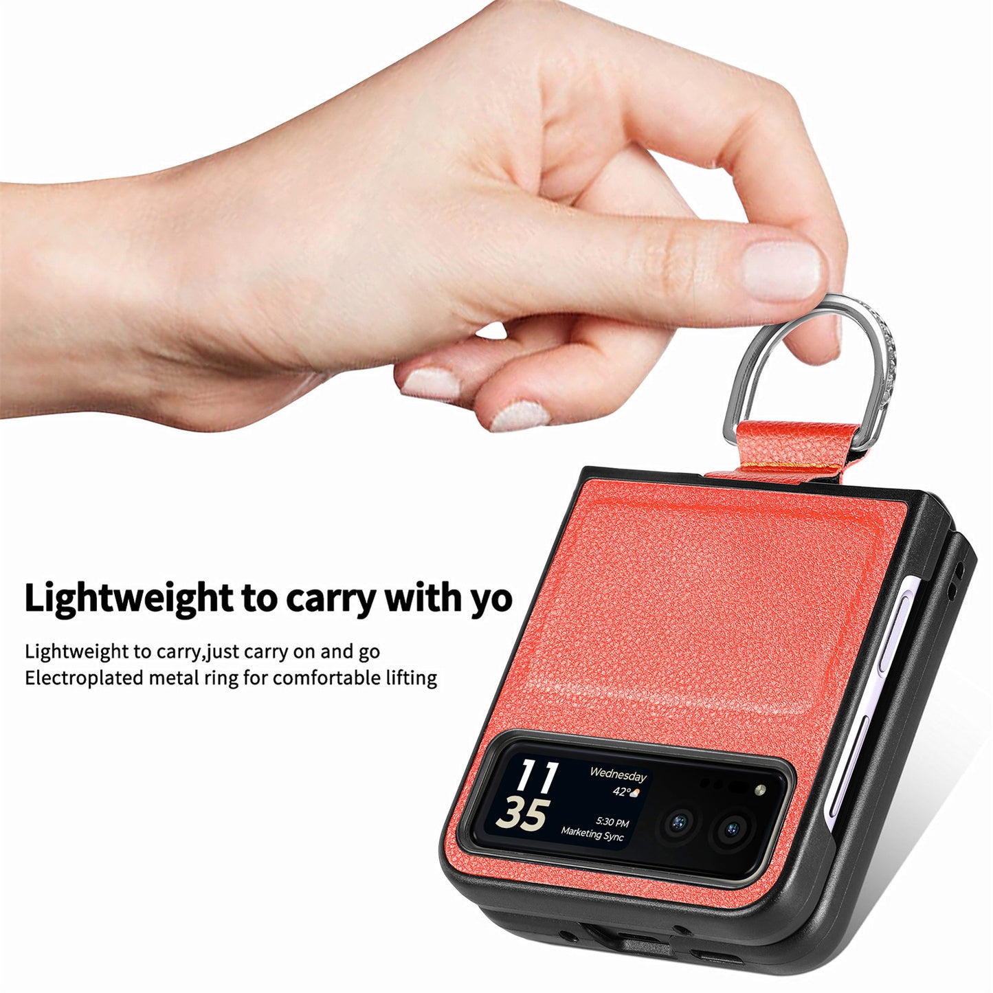 Finger Ring Holder Phone Case for Motorola Razr 40 5G , Litchi Texture Leather Coated PC Cover - Orange