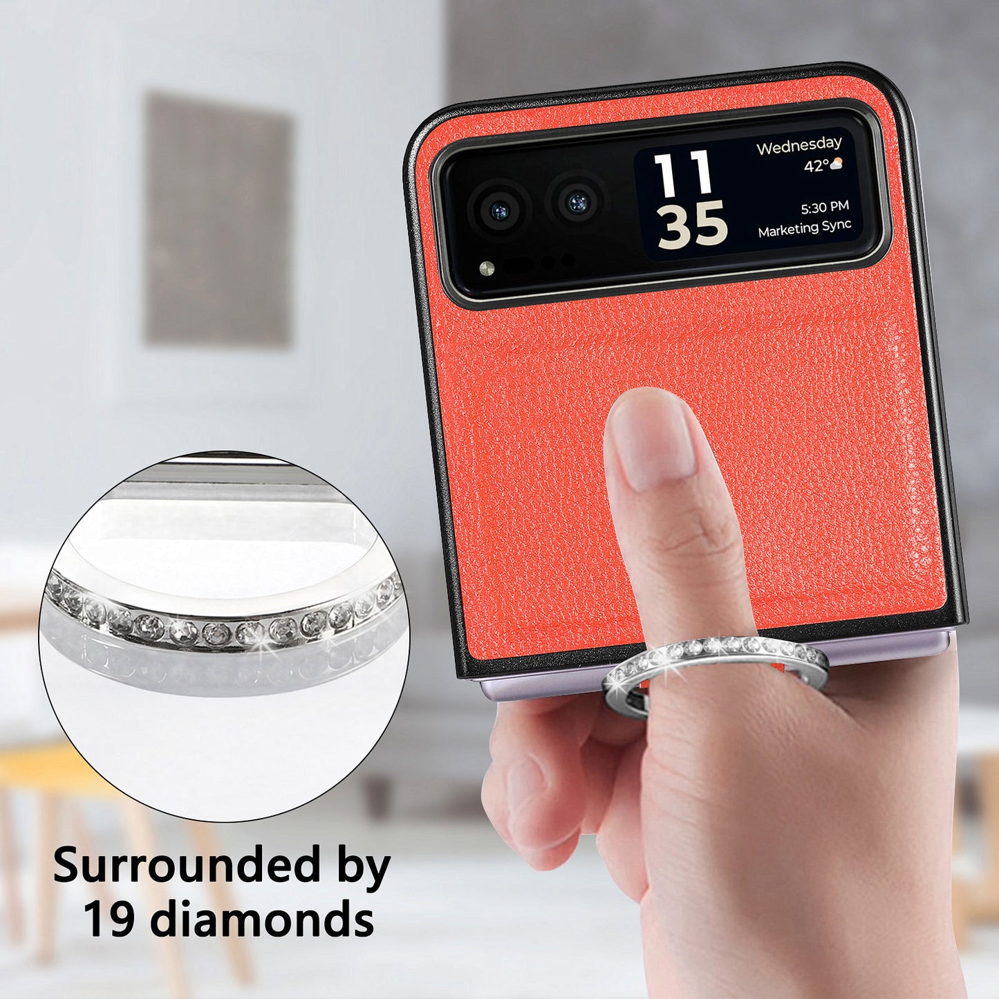 Finger Ring Holder Phone Case for Motorola Razr 40 5G , Litchi Texture Leather Coated PC Cover - Orange