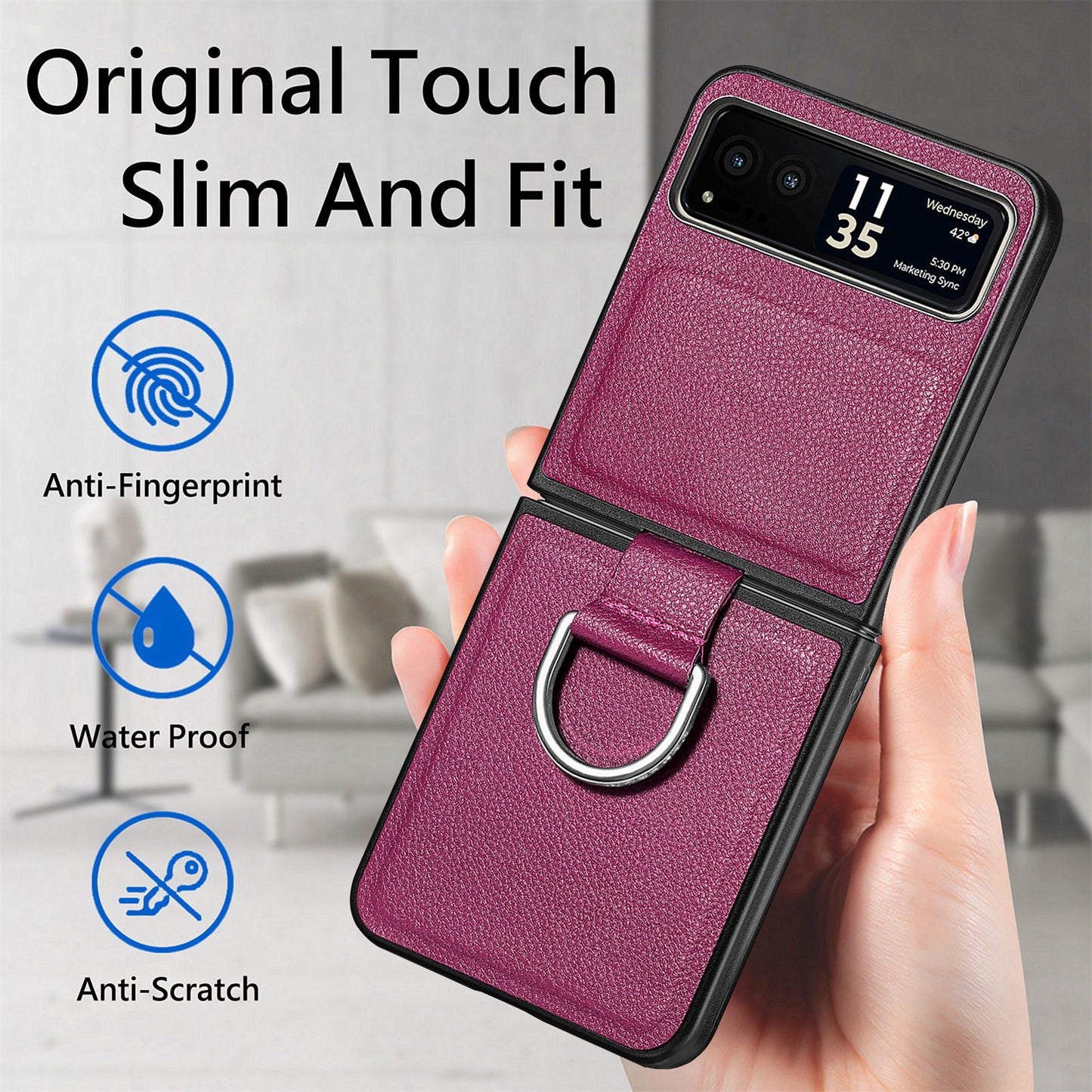 Finger Ring Holder Phone Case for Motorola Razr 40 5G , Litchi Texture Leather Coated PC Cover - Purple